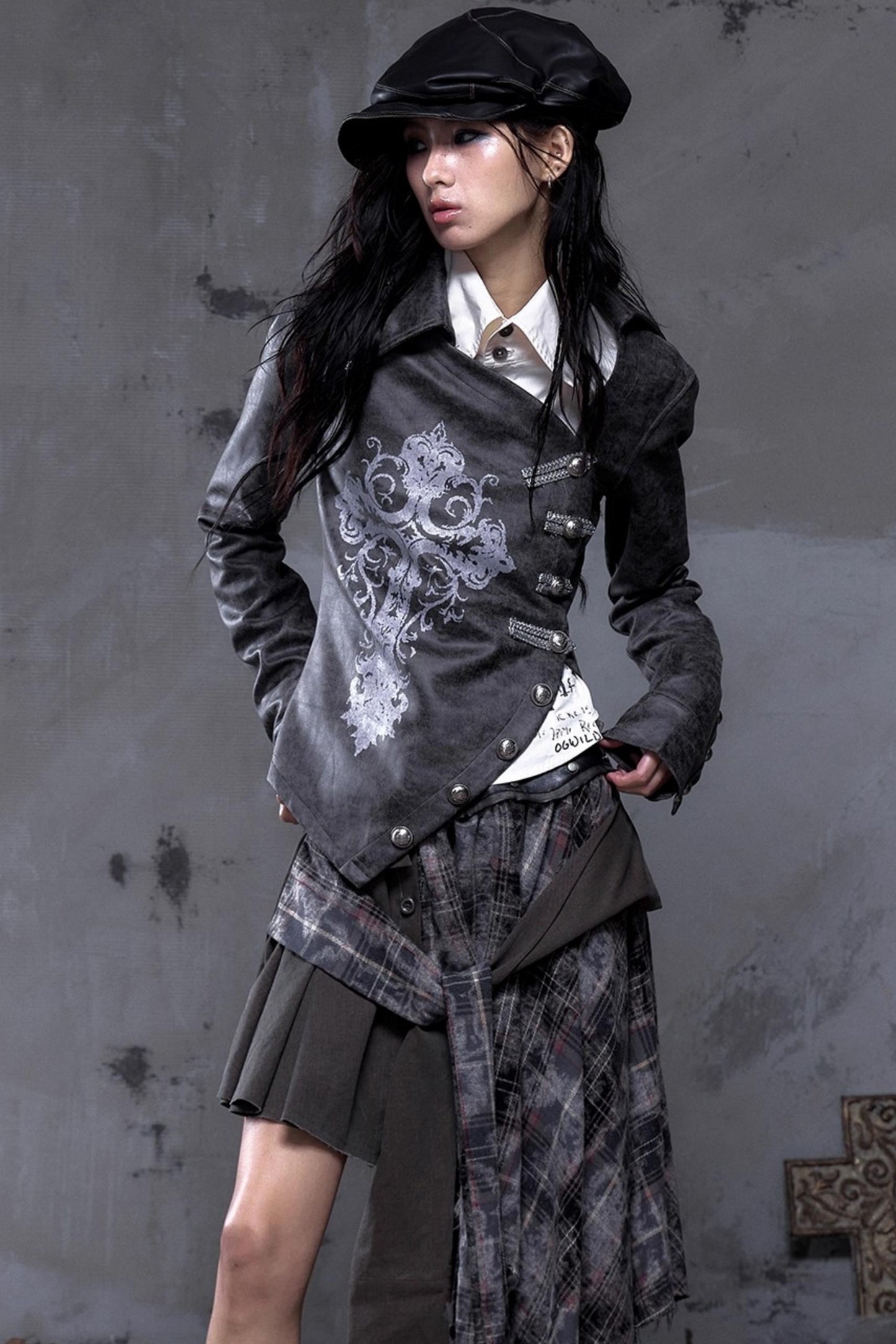 Vintage Slanted Placket Printed Leather Shirt