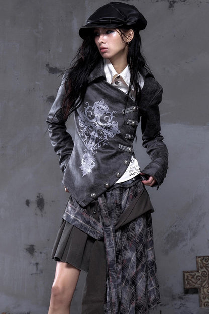 Vintage Slanted Placket Printed Leather Shirt