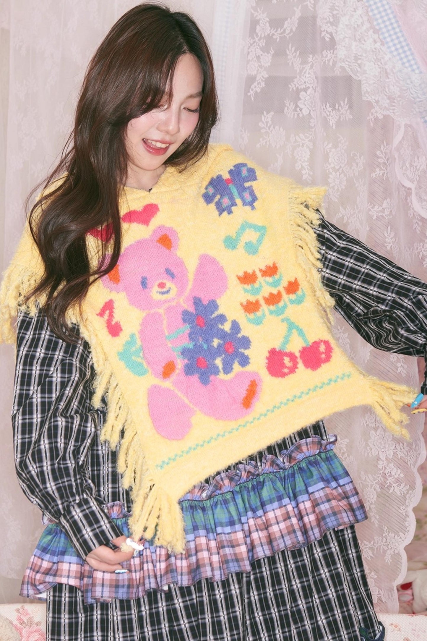 Yellow Bear Hooded Shawl Cape