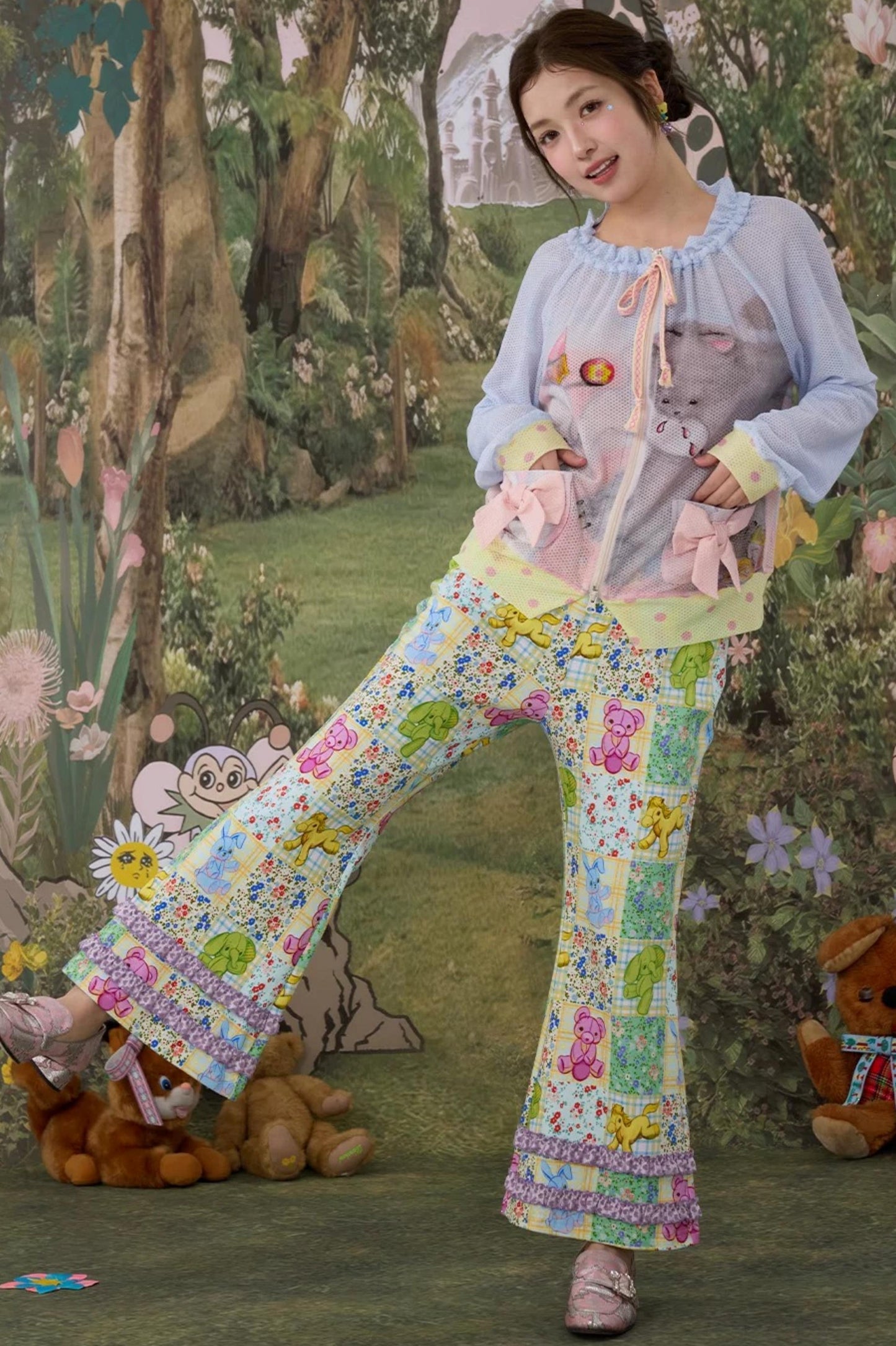 Elastic Floral Cotton Flared Pants