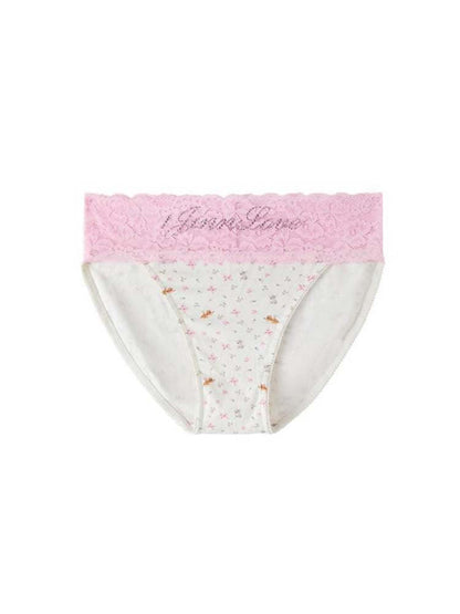 Rhinestone Embroidery Fruit Print Wide Lace Panties