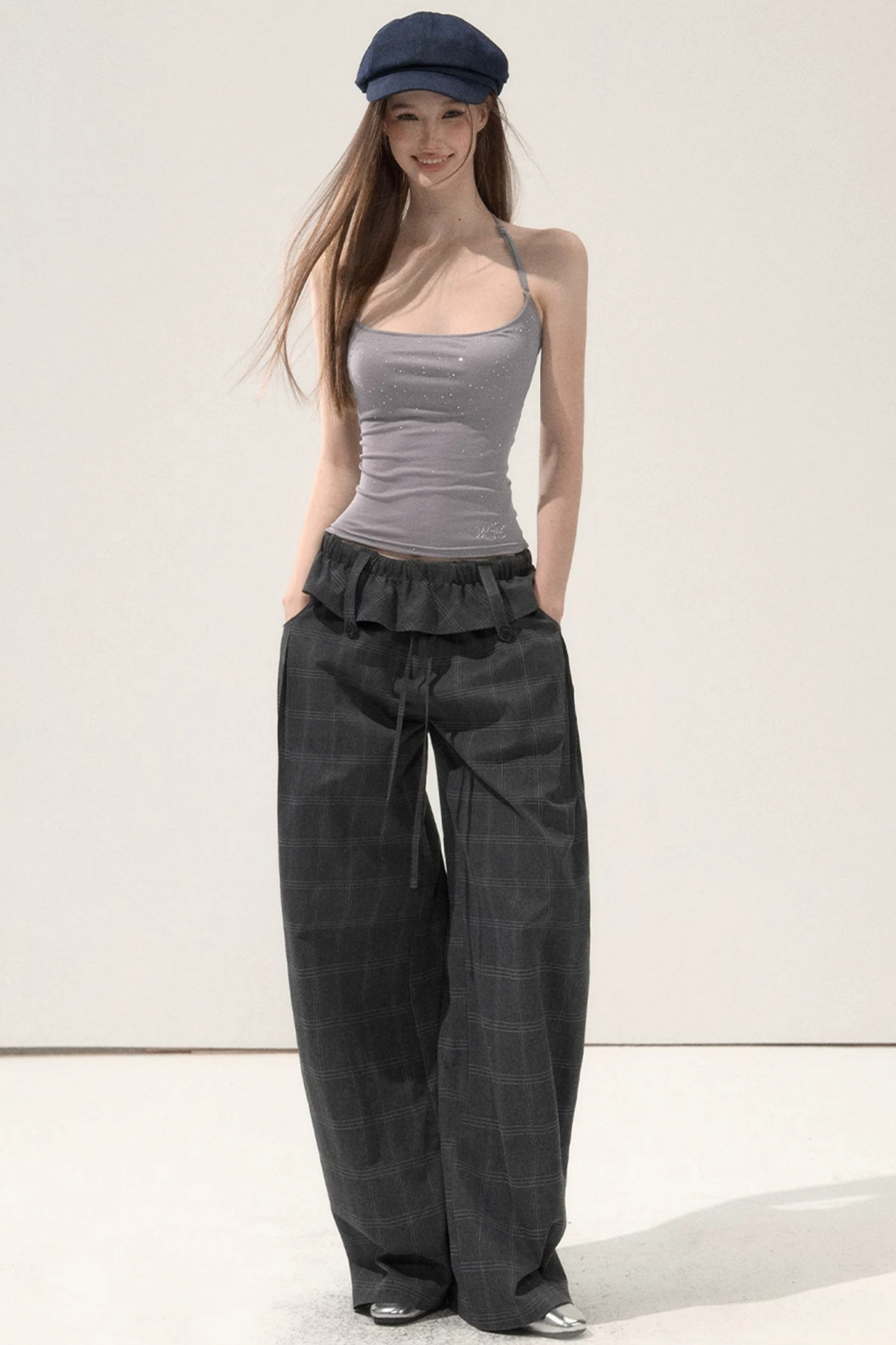 Folded Waistband Plaid Pants