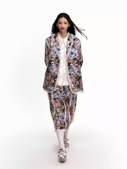 Colorful printed patchwork tweed blazer