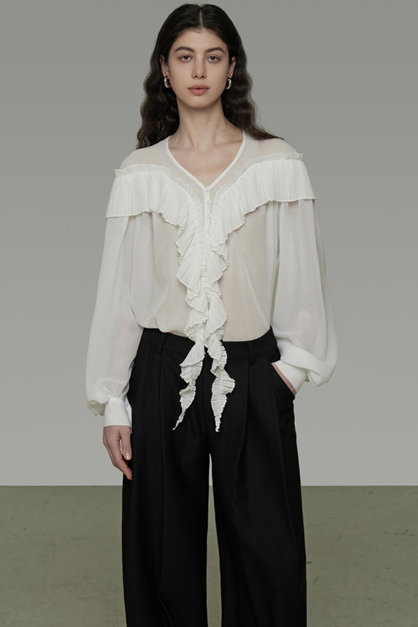 Sheer V-Neck Flutter Shirt