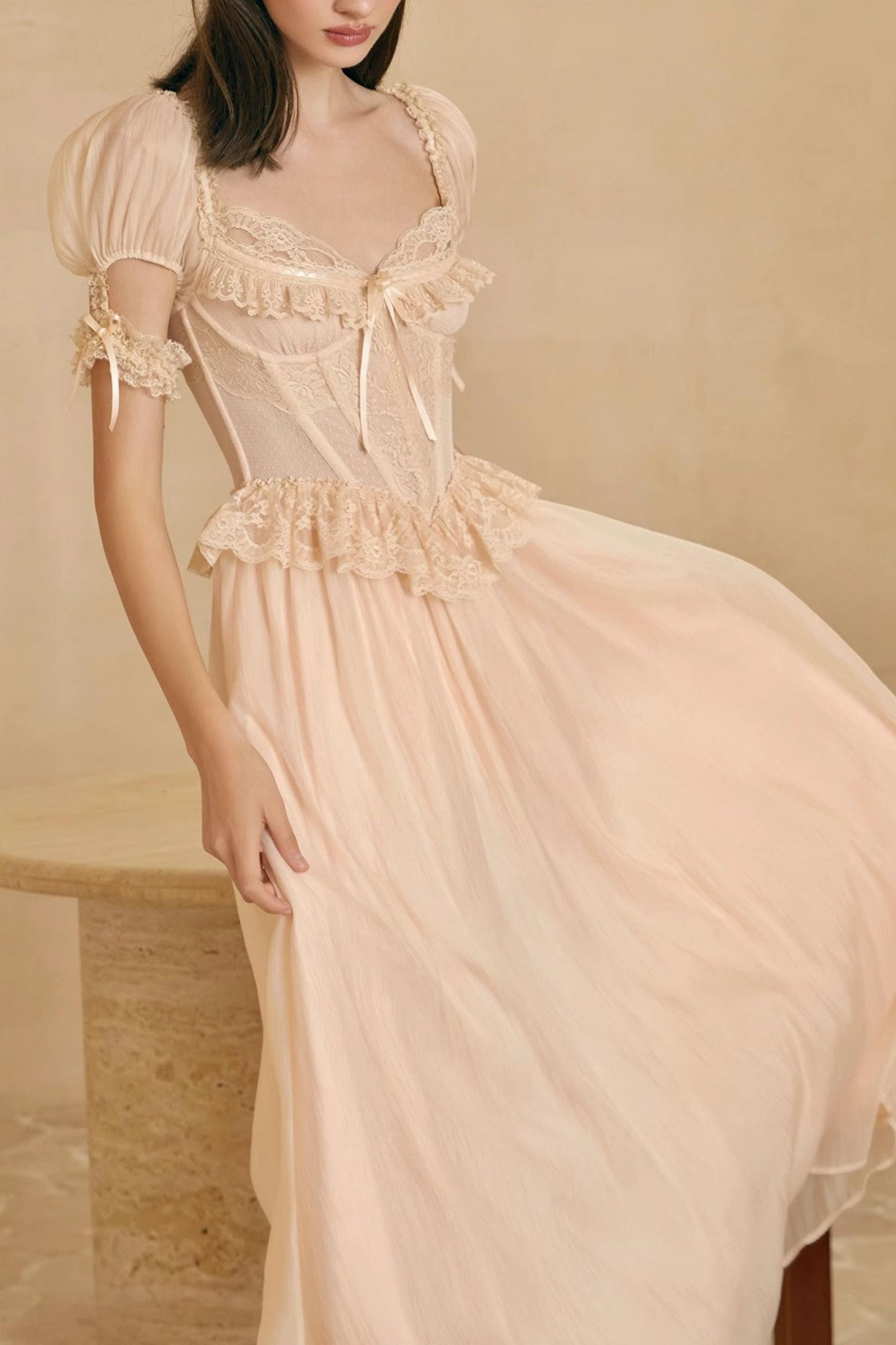 French Champagne Lace Corset Dress Set