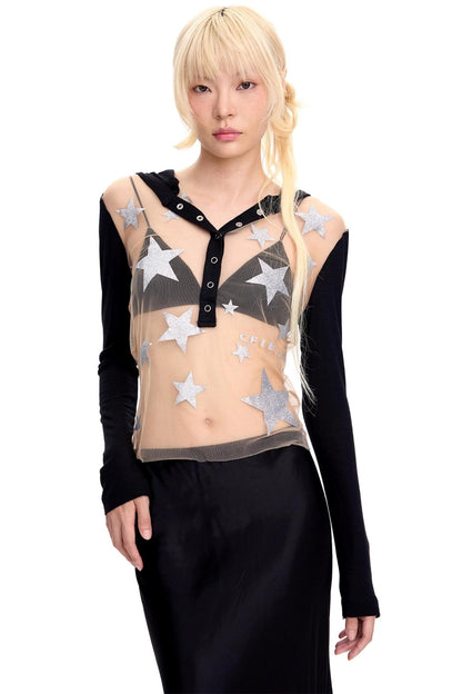 Pentagram Glitter Print Long-Sleeved Top