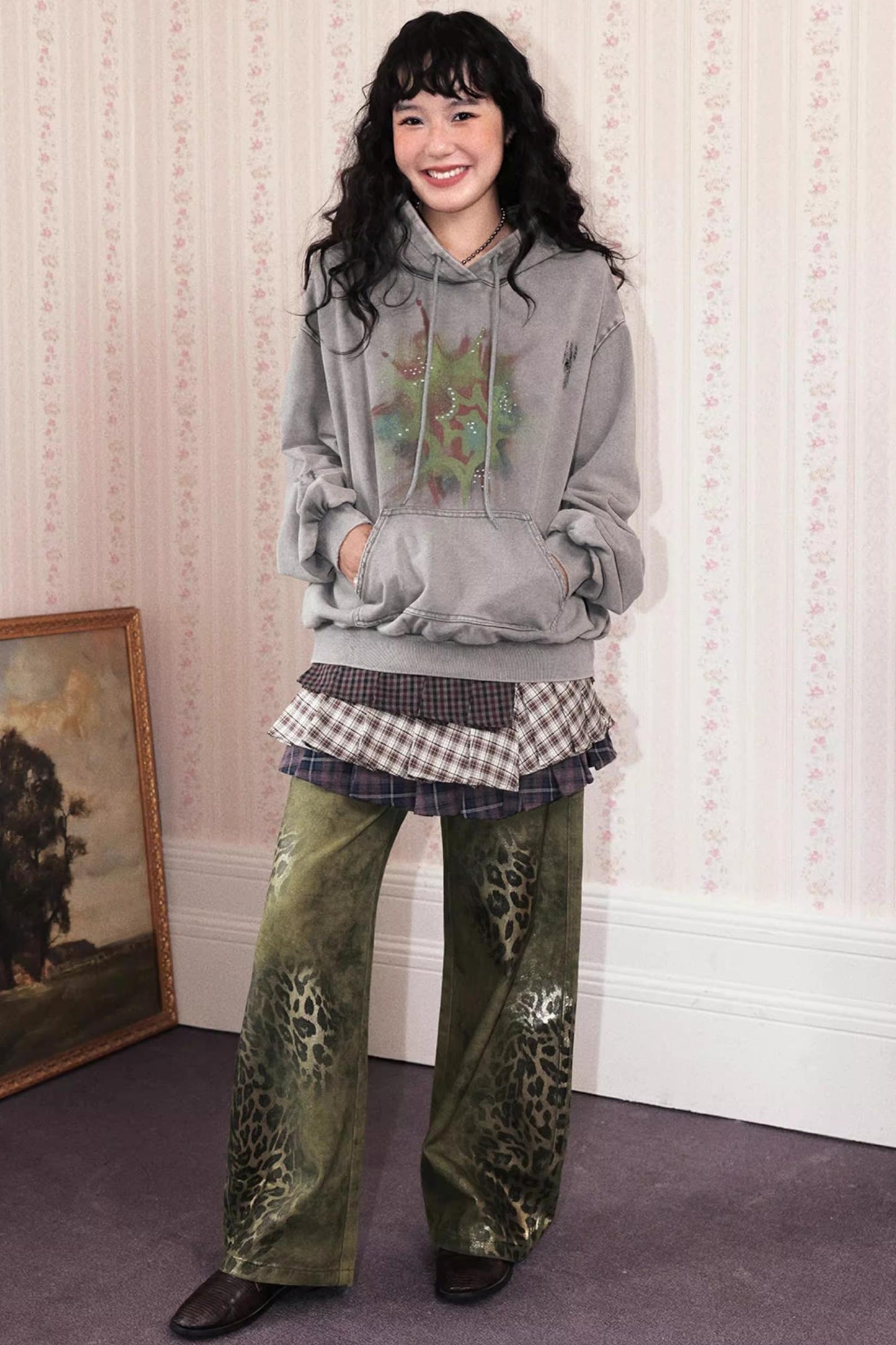 Cotton Washed Leopard Print Denim Pants