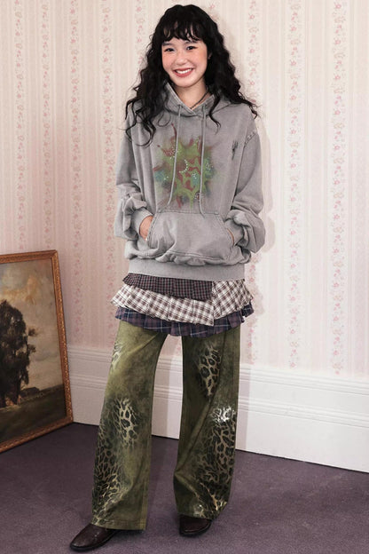 Cotton Washed Leopard Print Denim Pants