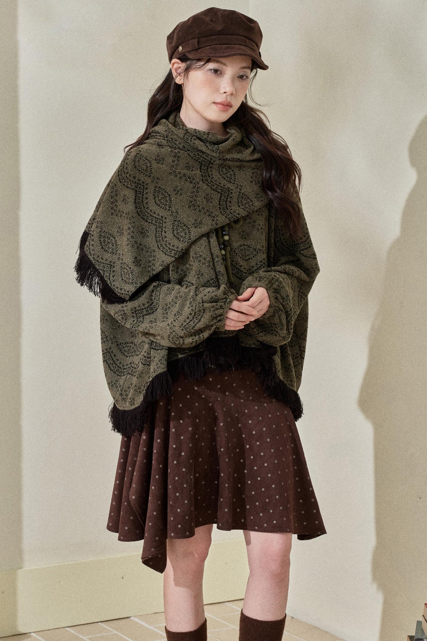 Dark Green Vintage Fringed Top & Scarf Set