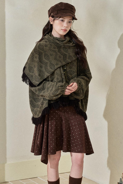 Dark Green Vintage Fringed Top & Scarf Set