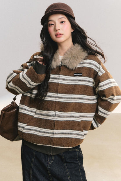Detachable Fur Collar Striped Jacket