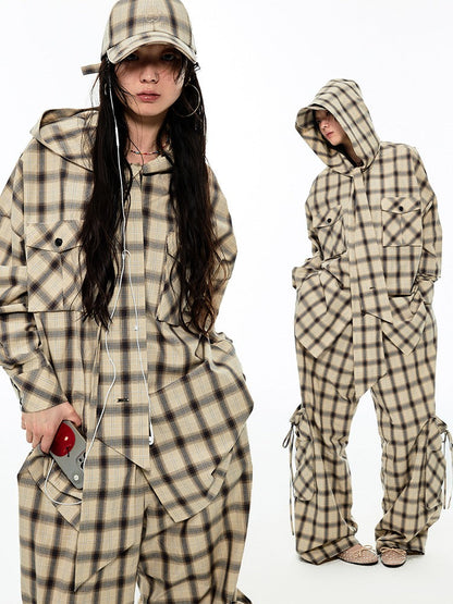 Gradient Plaid Casual Hooded Shirt