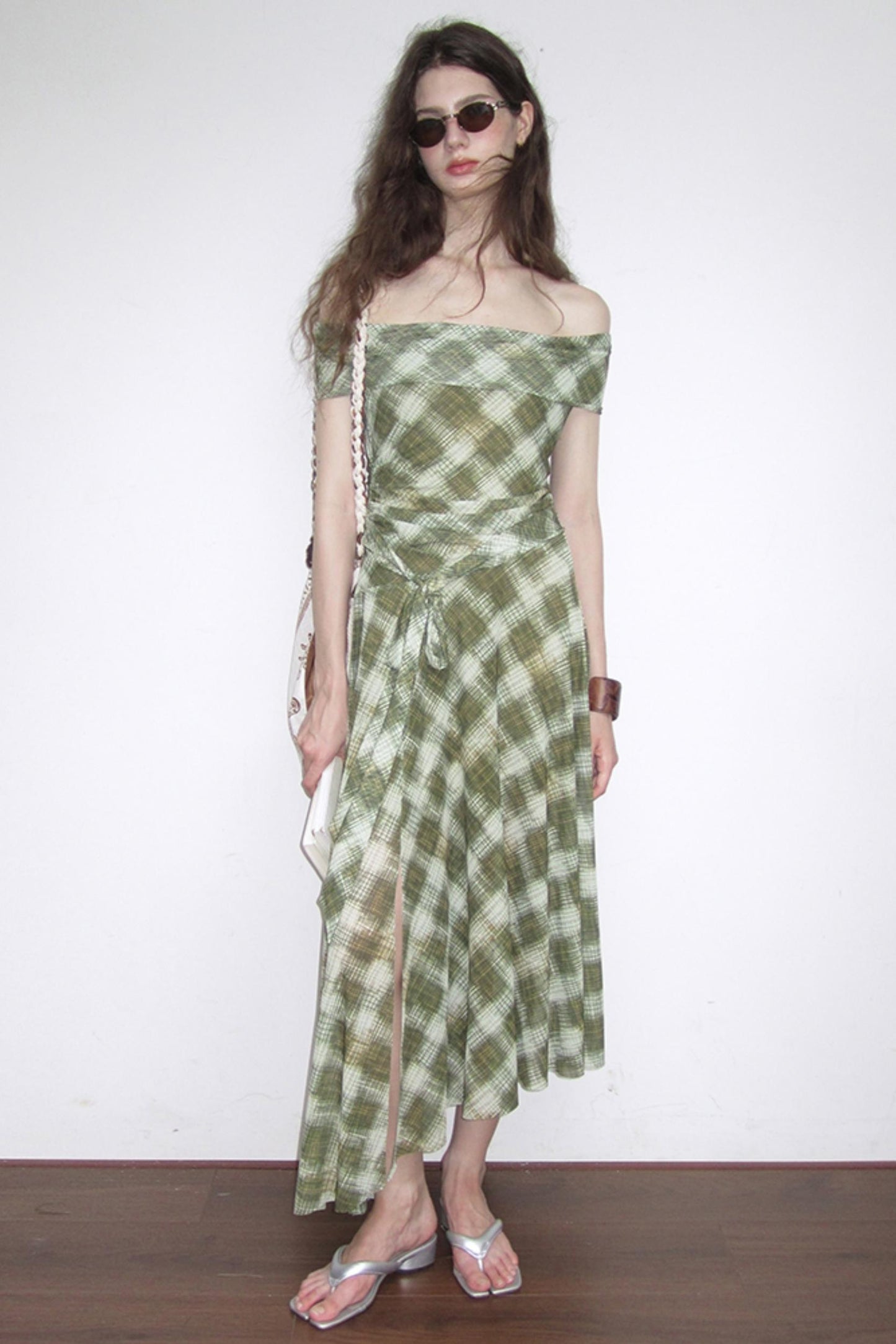 Mesh Check One-Shoulder Dress