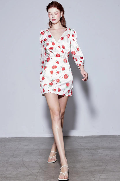 Satin Rose Jacquard V-Neck Dress