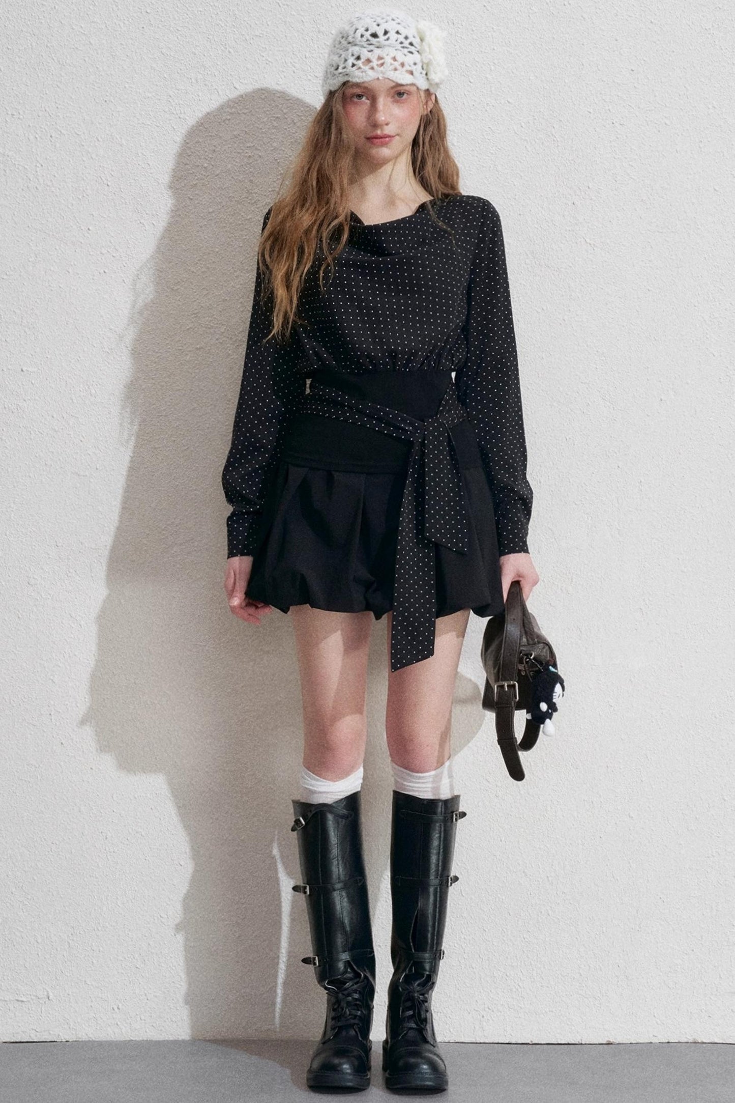 Polka Dot Swing Collar Black Shirt