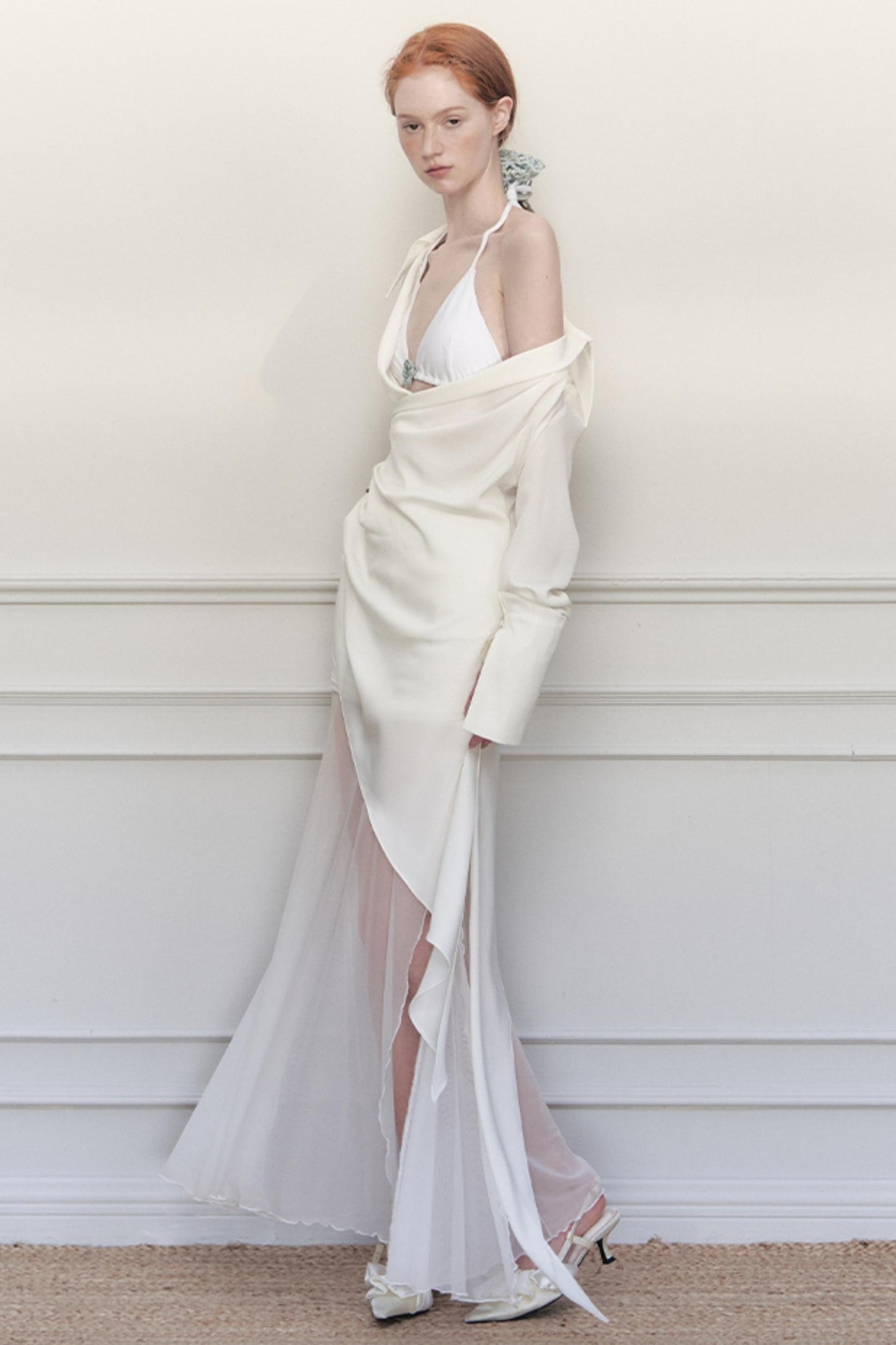 White Pleated Satin Blouse