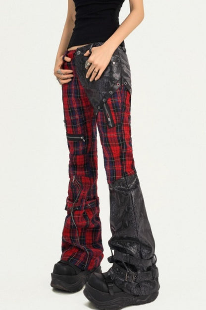 Plaid Patchwork Leather Pants