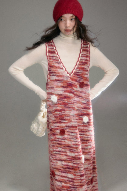 Red Vintage Crochet V-Neck Vest Dress