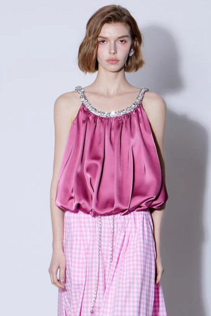 Satin Beaded Backless Top