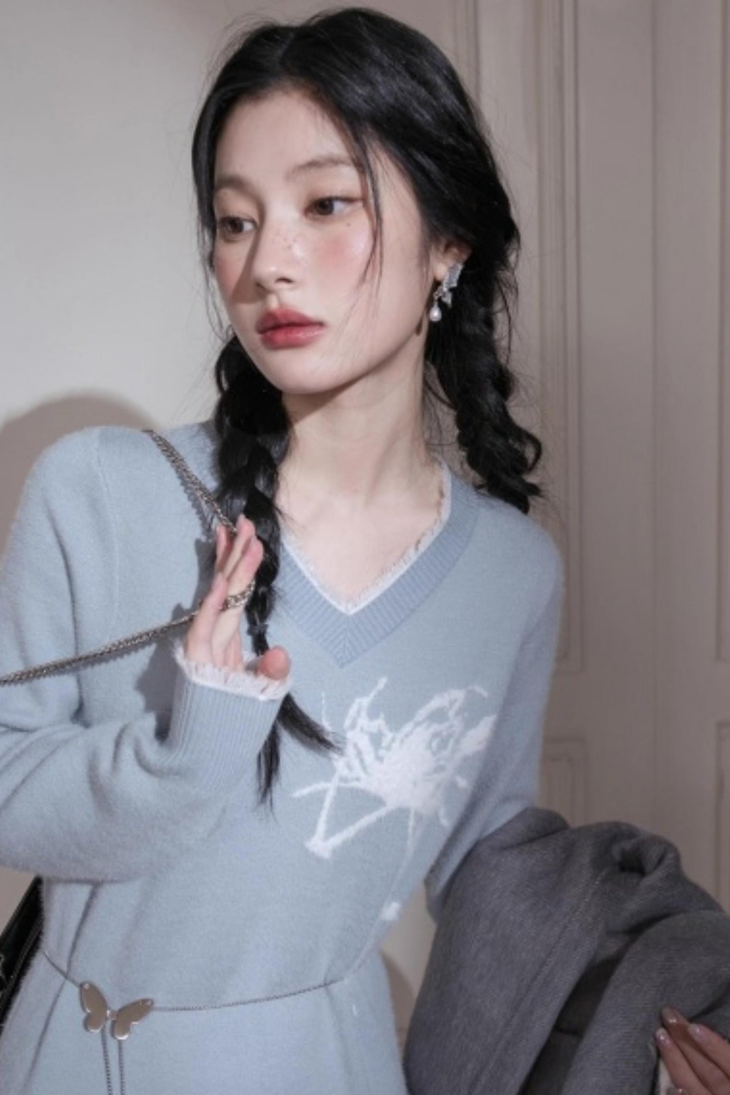 White Butterfly Blue Woolen Dress