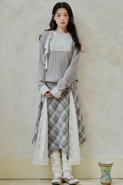 Gray Patchwork Ruffled Knitted Top