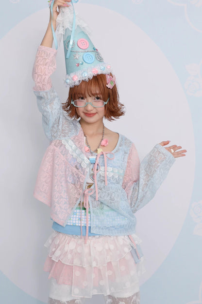 Pink Blue Patchwork Sheer Cardigan Top Set-Up