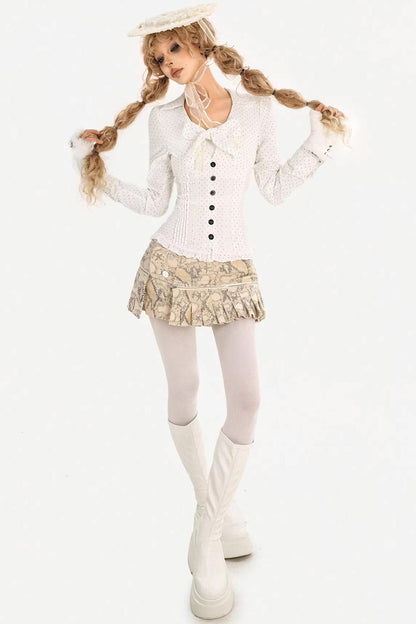 Bow Polka Dot Long-Sleeved Top