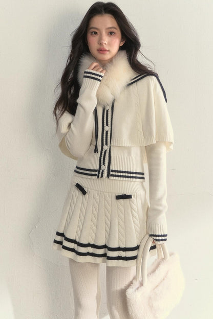 Vintage Navy Twist-Knit Cape Sweater Set-Up