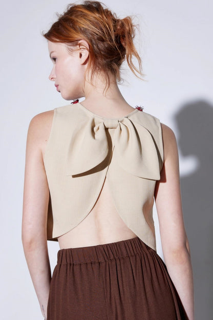 Hand-Beaded Floral Bow Top