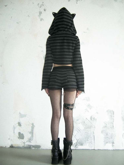 Cat Ears Border Lace Up Hoodie & Short Pants