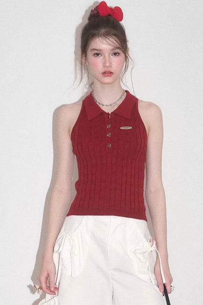 Red Berry Knit Polo Top