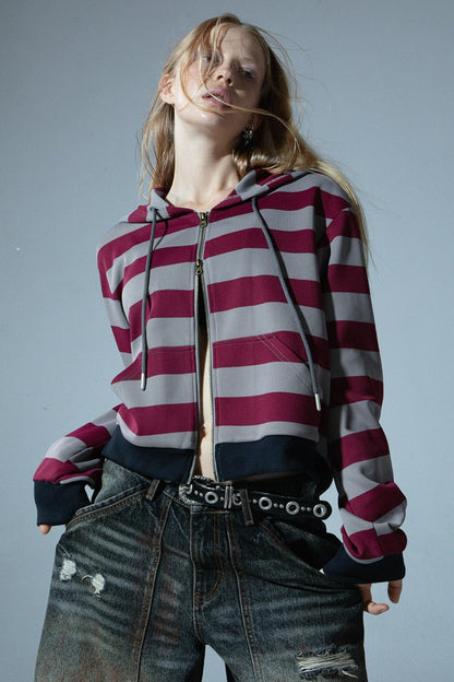 Contrast Stripe Zipper Cropped Sweatshirt