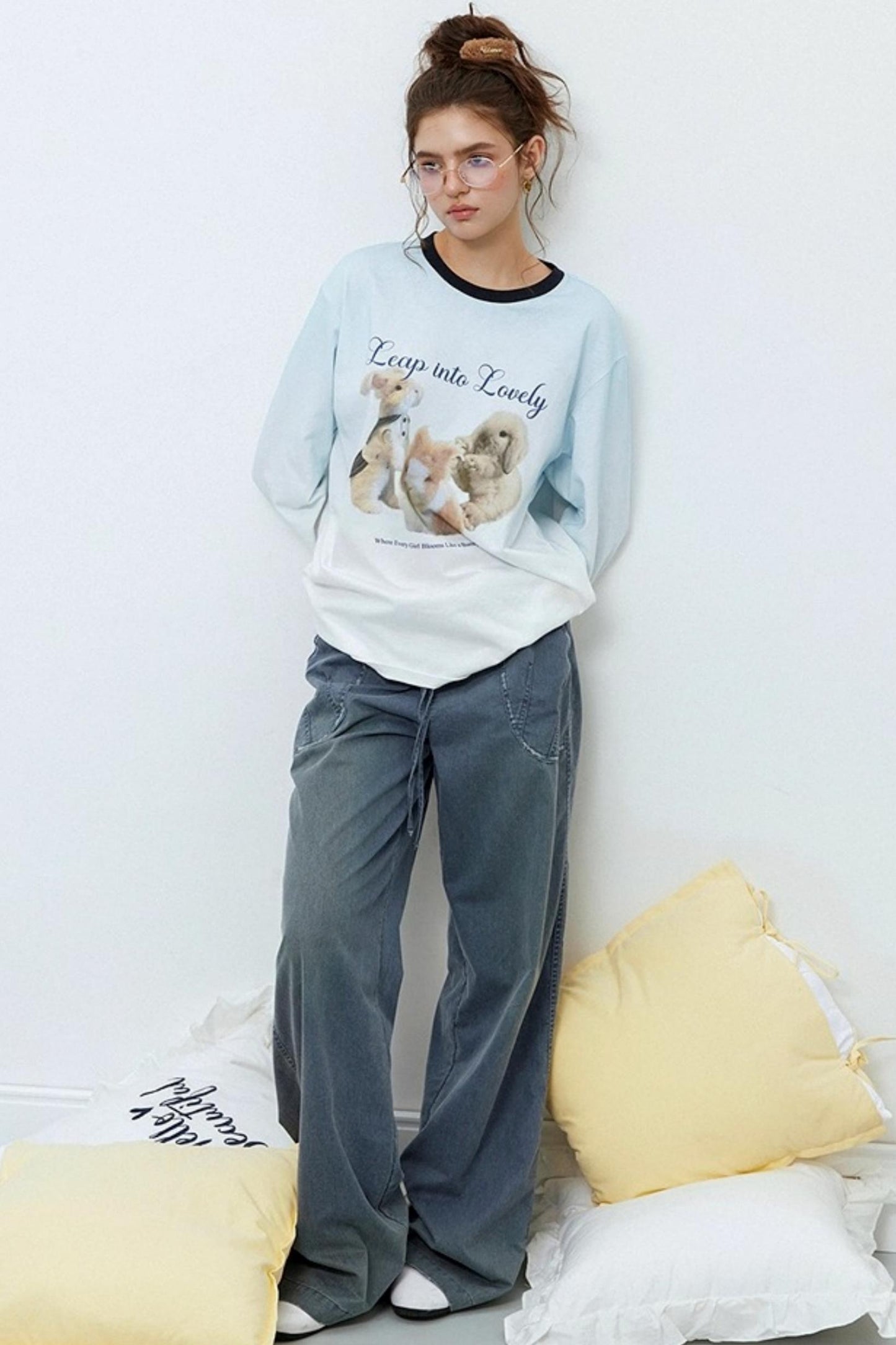 Washed Distressed Cuffed Waist Loose Pants