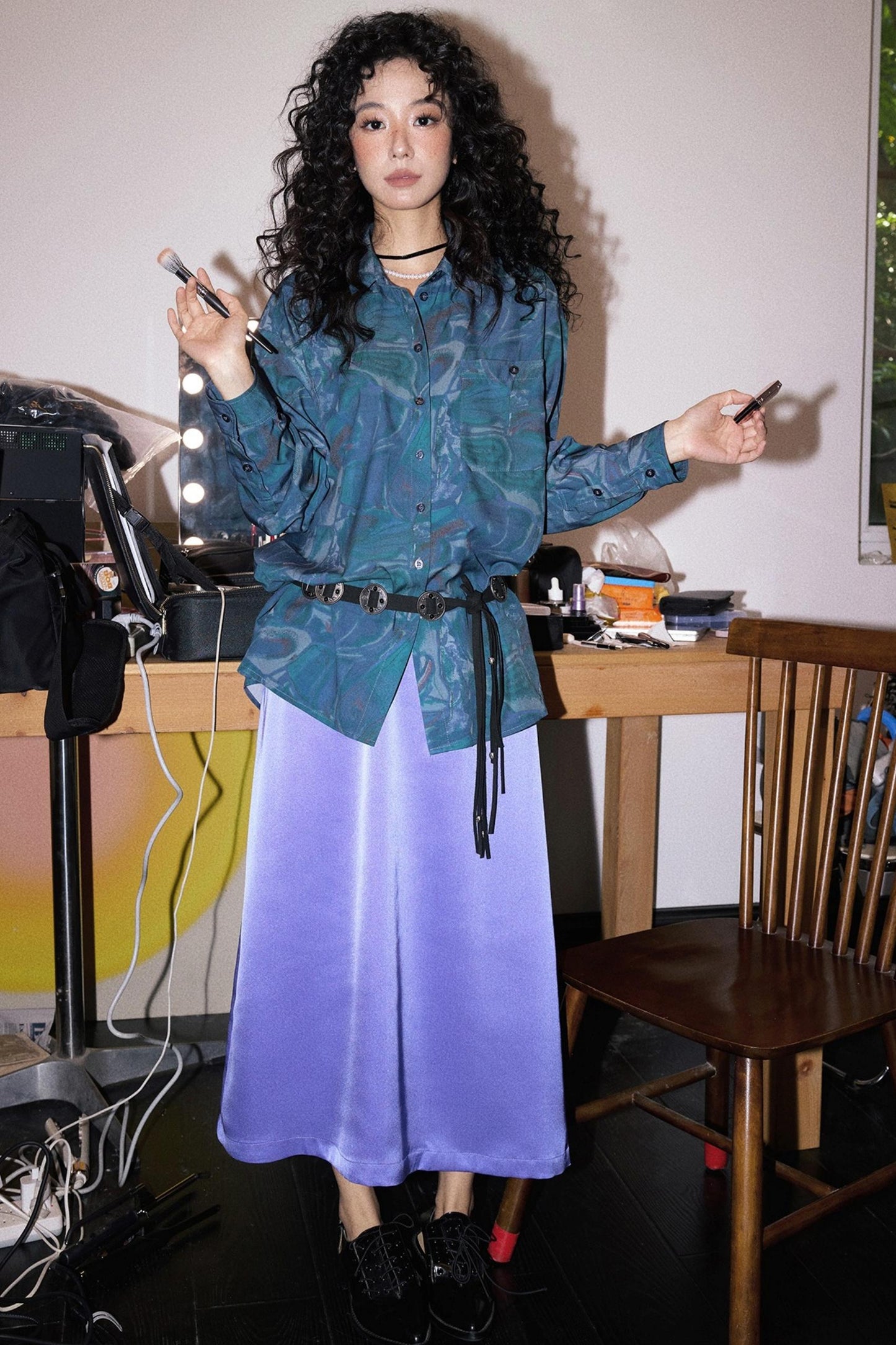 추상 프린트 긴소매 셔츠