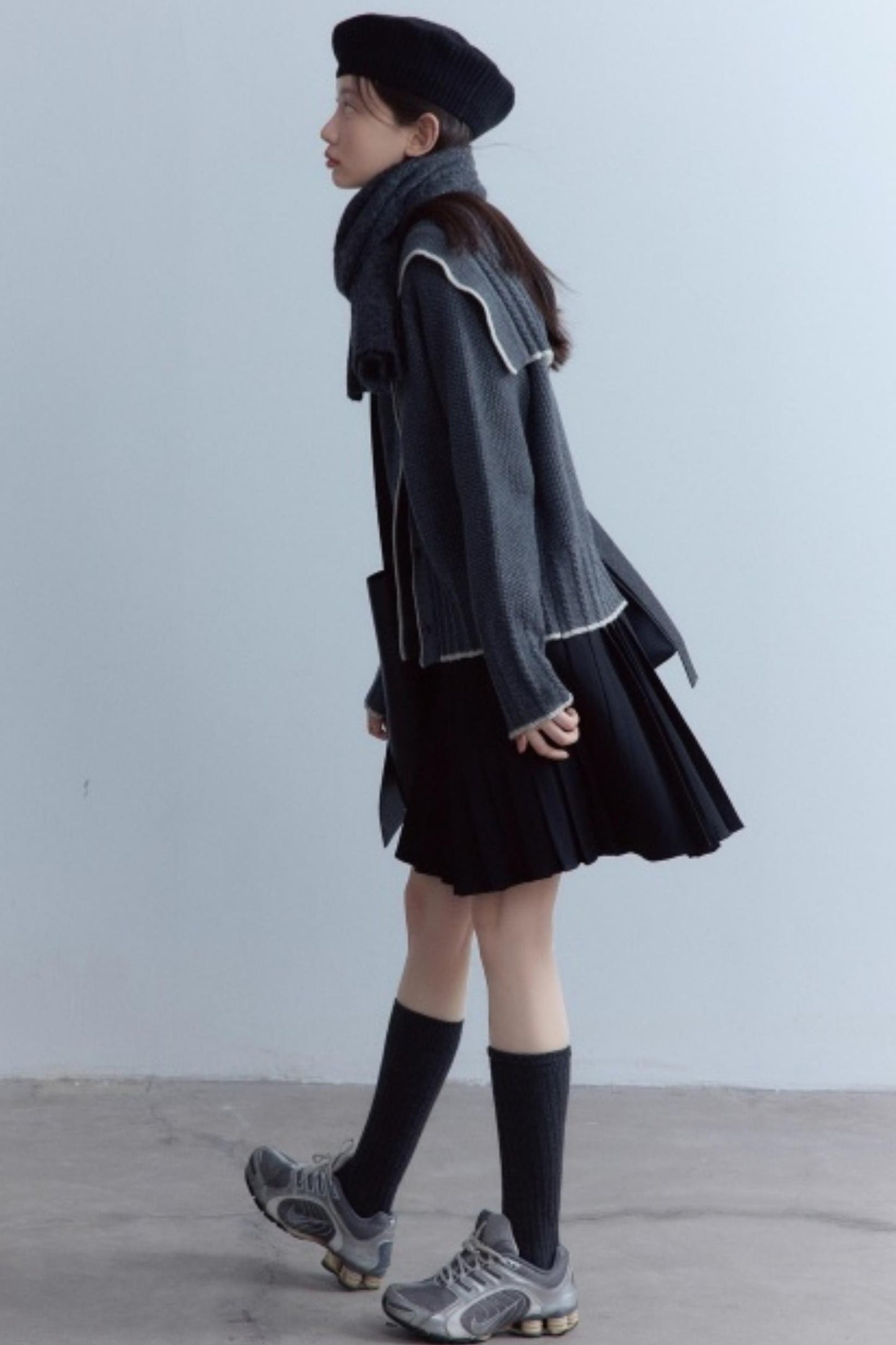 Navy Collar Twisted Rope Woolen Cardigan