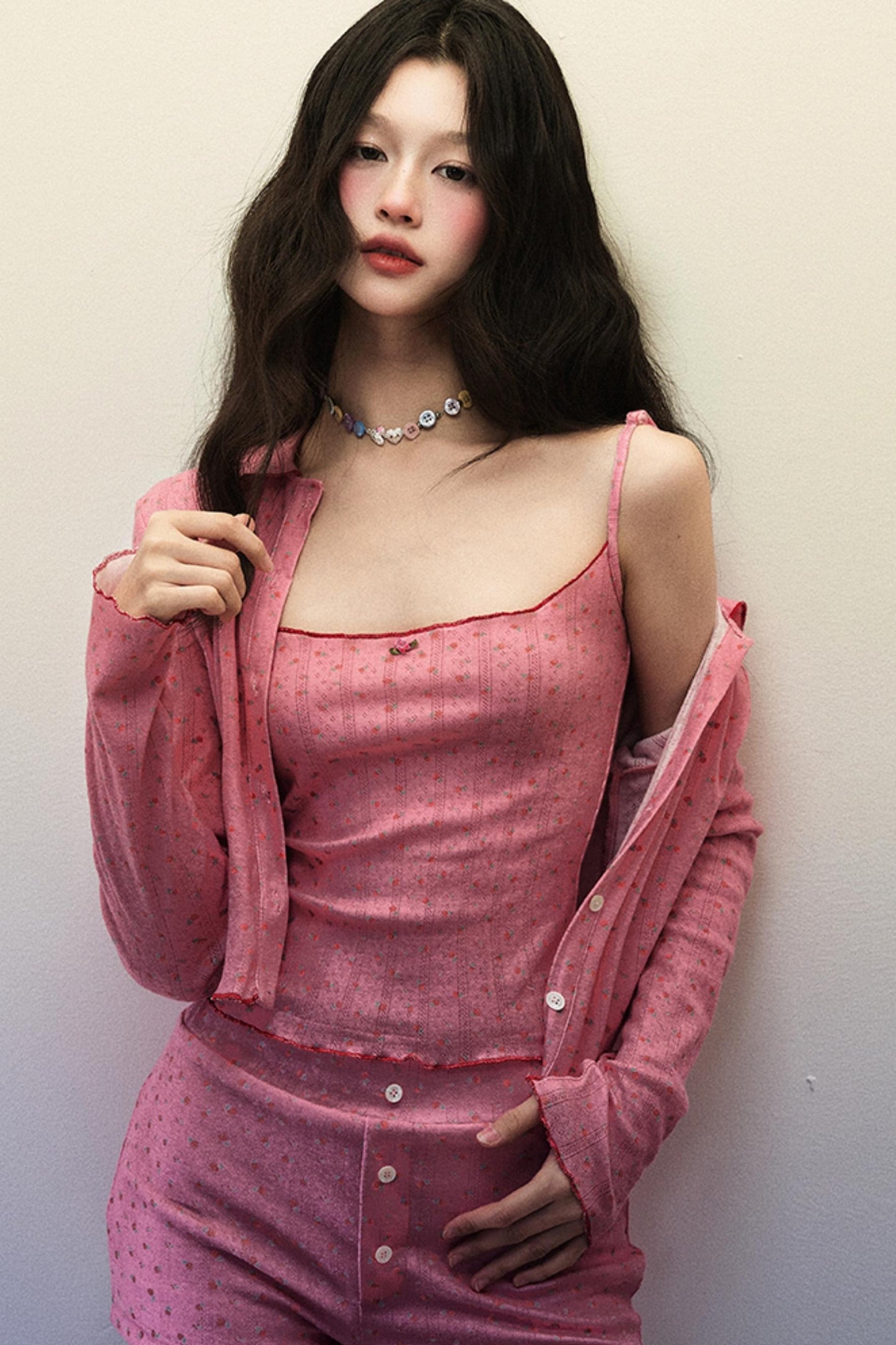 Strawberry Dream Knit Doll Collar Cardigan & Shorts Set-Up