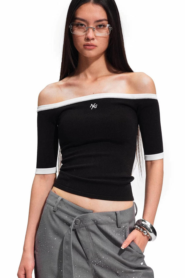 Off-Shoulder Contrast Knit Top