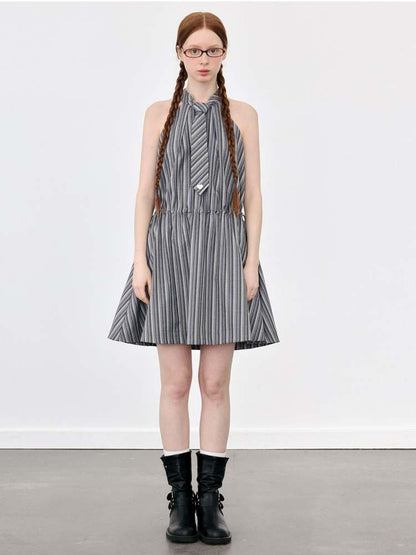 Halter Neck Tie Sleeveless Striped A-Line Dress