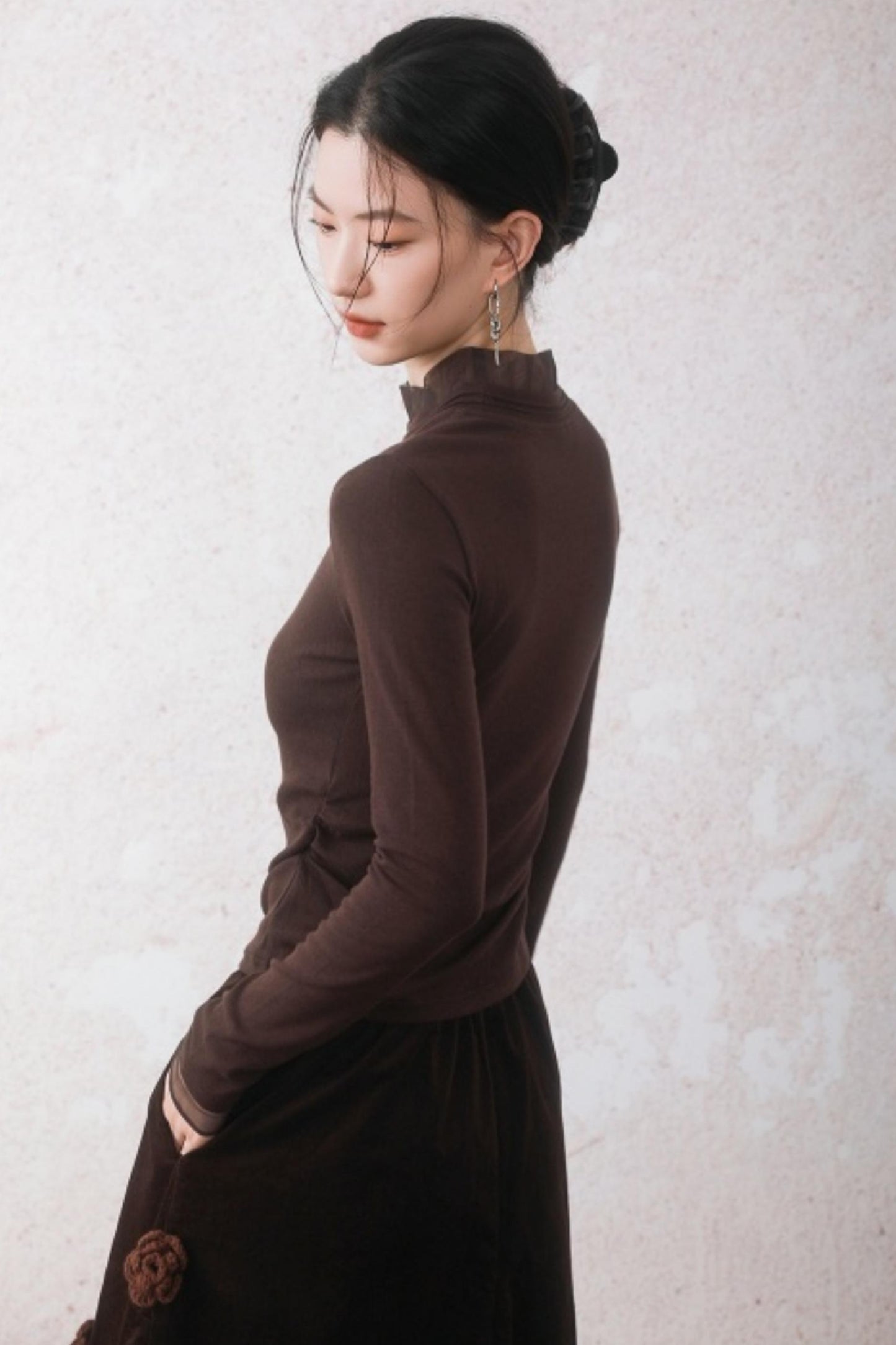 Chestnut Brown Patchwork Turtleneck Top