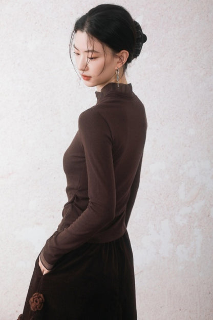 Chestnut Brown Patchwork Turtleneck Top