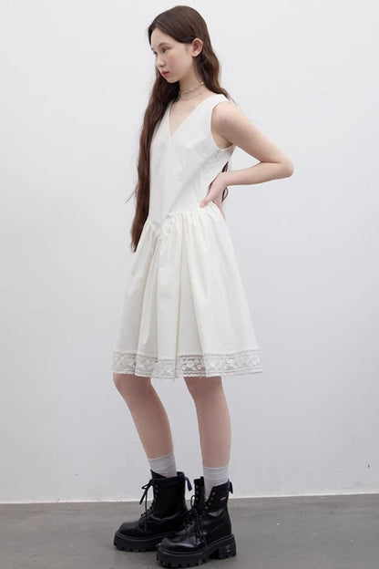 White Pleated V-Neck Dress