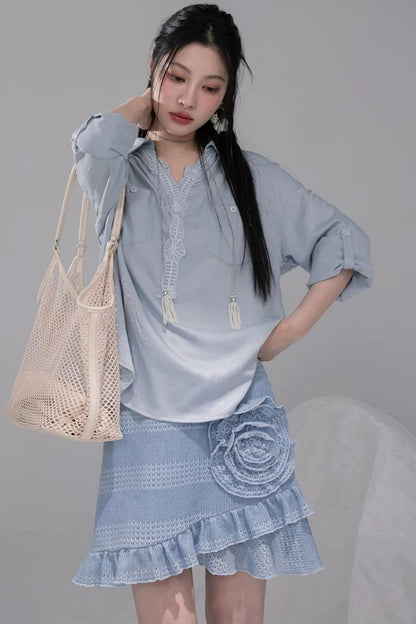 Mist Blue Lace Collar Shirt