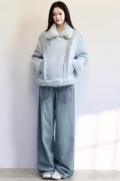 Mint Blue Patchwork Fur Jacket Set