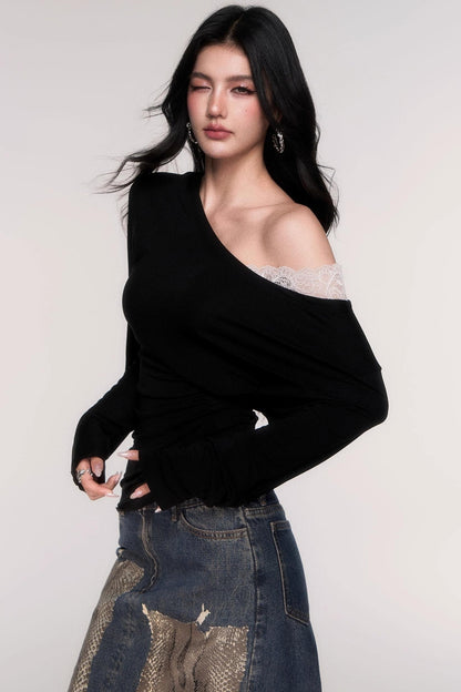 Tencel Panelled Lace Cross-Shoulder Top