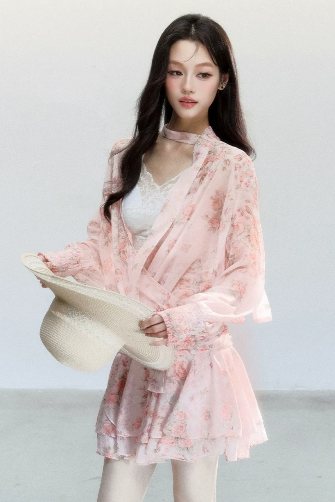 Completo Abito Floreale in Chiffon Rosa