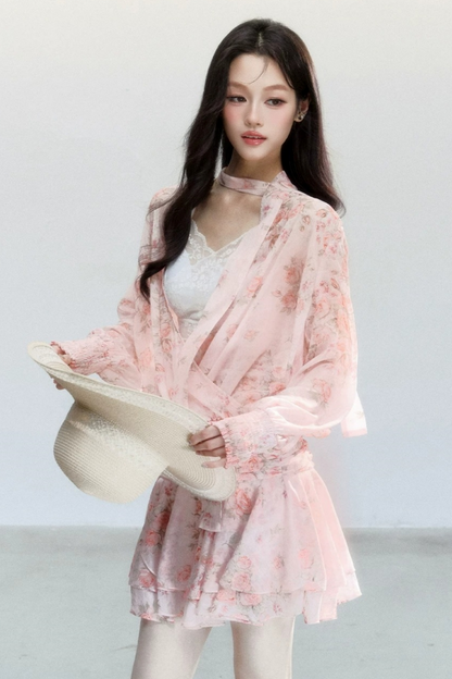 Completo Abito Floreale in Chiffon Rosa