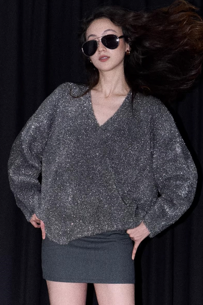 Silberner Faden V-Ausschnitt Strickpullover