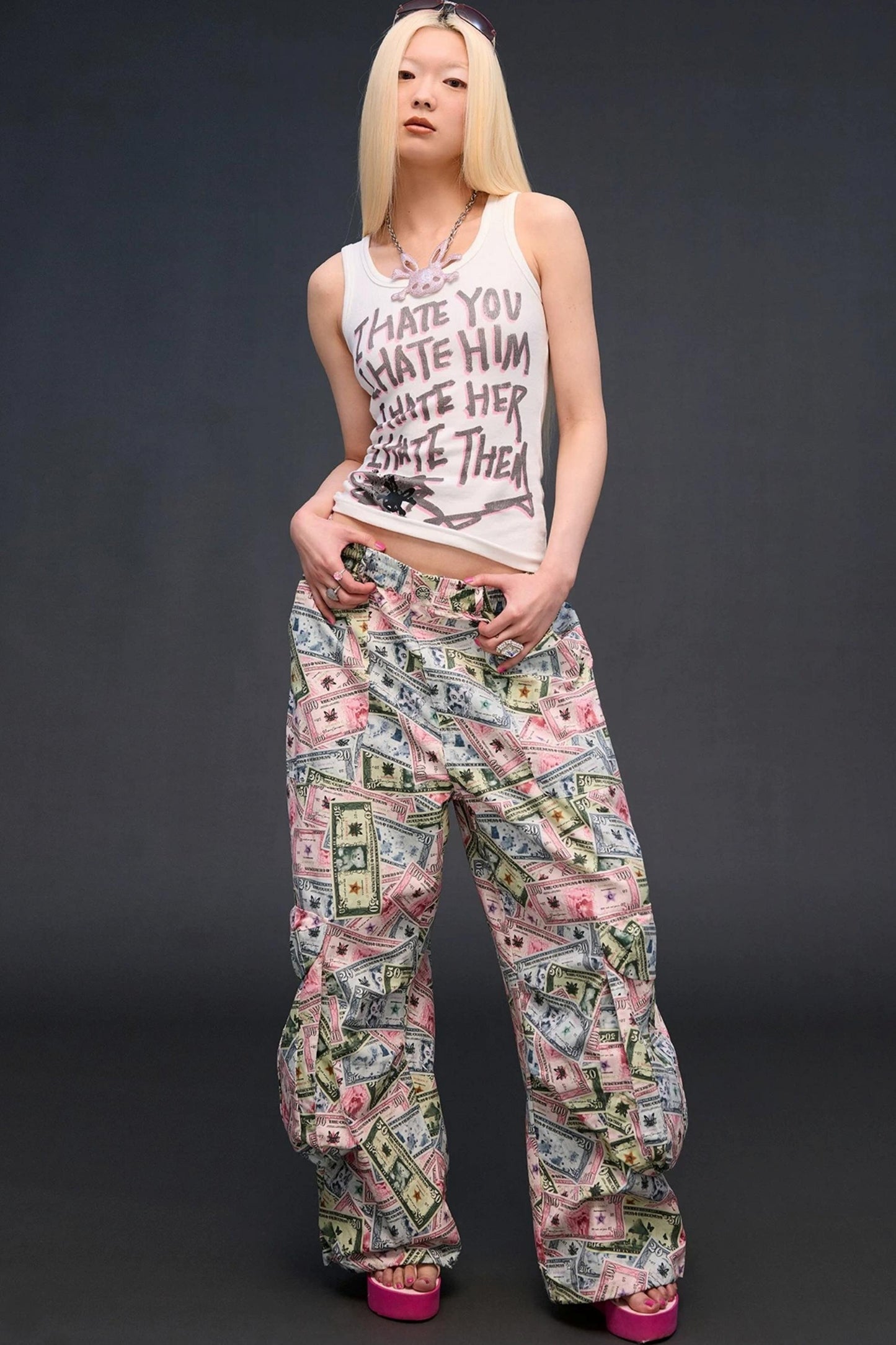 Money Print Wide-Leg Pants