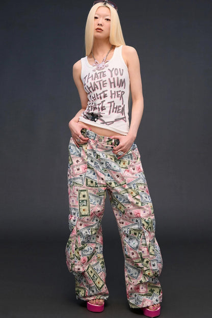 Money Print Wide-Leg Pants