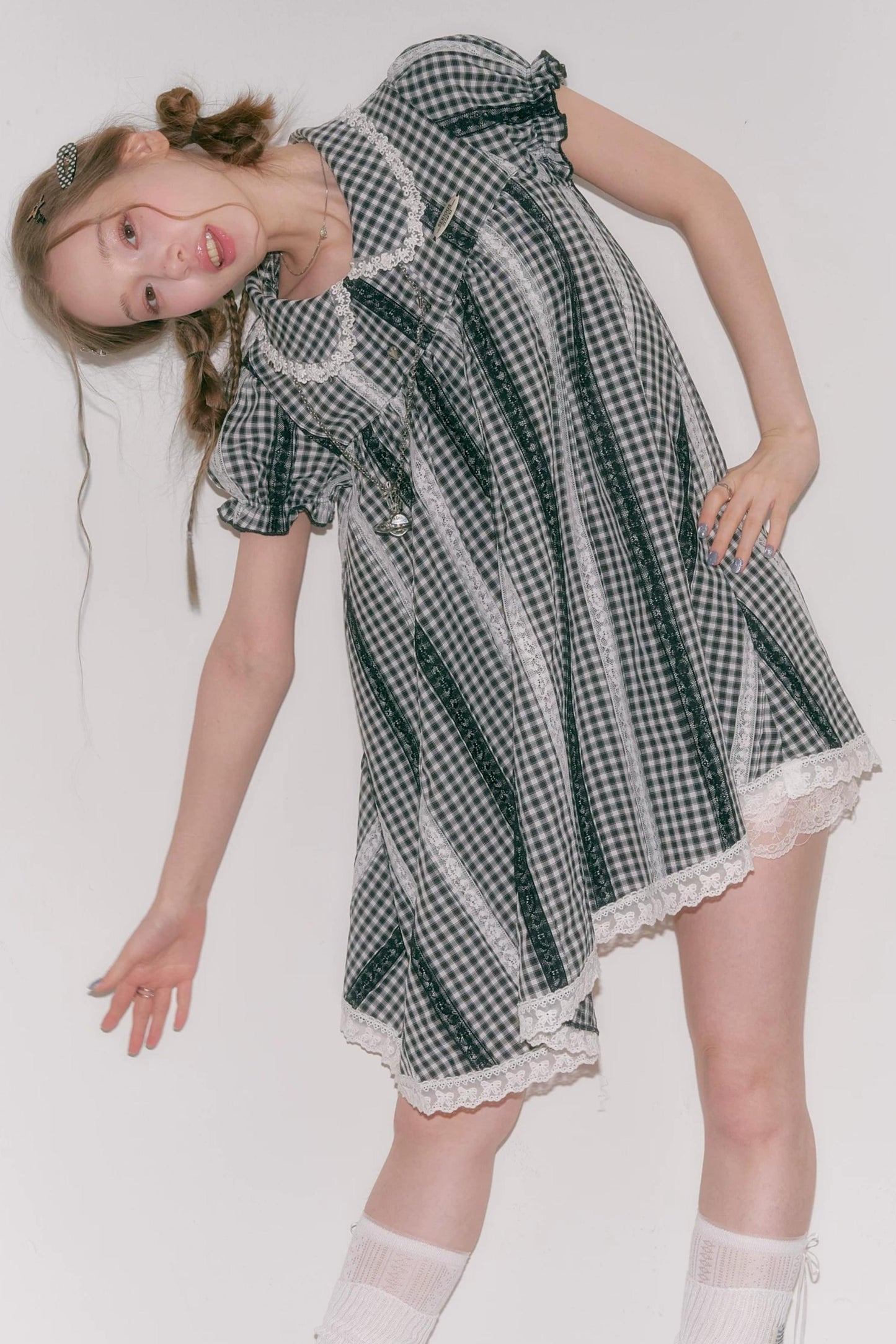 Retro Plaid Lace Puff Sleeve Dress